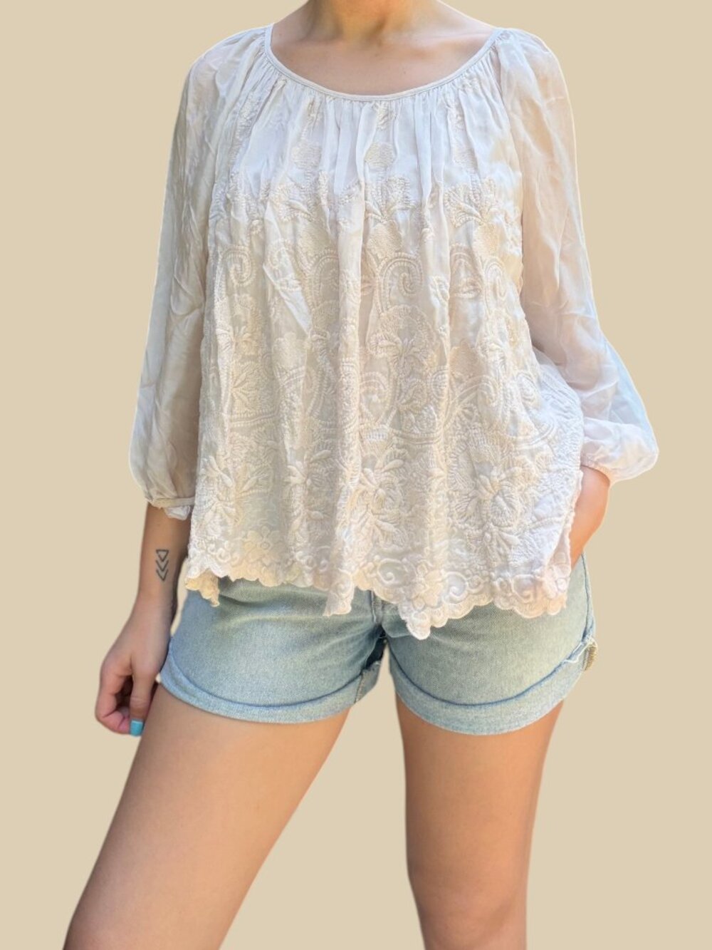 Angela Moda Italian Silk Boho Cottagecore Embroidered Gauzy Peasant Blouse